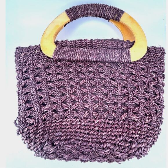 White Stag Straw Macrame Woven Handbag Dark Brown Wood Handles Boho 10" x 8" - Picture 2 of 12